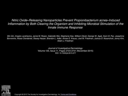 Nitric Oxide–Releasing Nanoparticles Prevent Propionibacterium acnes–Induced Inflammation by Both Clearing the Organism and Inhibiting Microbial Stimulation.