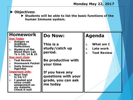 Homework Do Now: Agenda Monday May 22, 2017 Objectives: