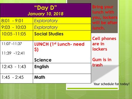 “Day D” January 10, :01 - 9:01 Exploratory 9: :03