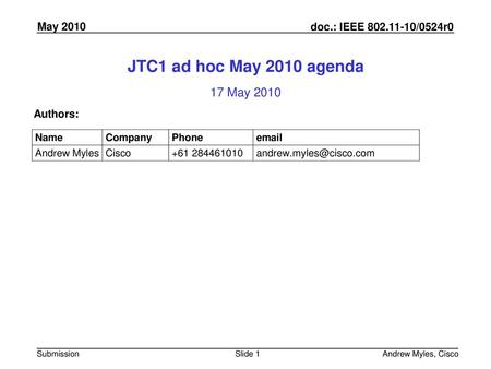 JTC1 ad hoc May 2010 agenda 17 May 2010 May 2010 Authors: May 2010