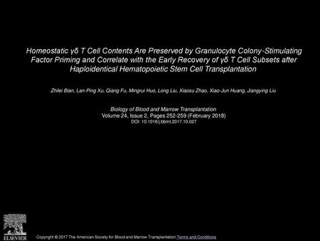 Homeostatic γδ T Cell Contents Are Preserved by Granulocyte Colony-Stimulating Factor Priming and Correlate with the Early Recovery of γδ T Cell Subsets.