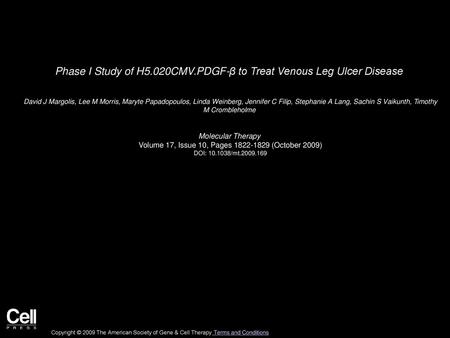 Phase I Study of H5.020CMV.PDGF-β to Treat Venous Leg Ulcer Disease