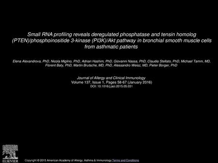 Small RNA profiling reveals deregulated phosphatase and tensin homolog (PTEN)/phosphoinositide 3-kinase (PI3K)/Akt pathway in bronchial smooth muscle.