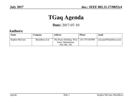 TGaq Agenda Date: Authors: July 2017 July 2017