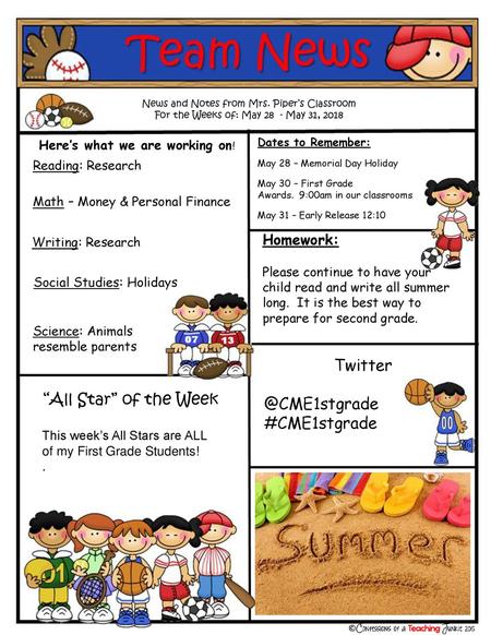 #CME1stgrade “All Star” of the Week Homework: