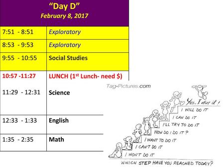 “Day D” February 8, :51 - 8:51 Exploratory 8:53 - 9:53