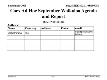 Coex Ad Hoc September Waikoloa Agenda and Report