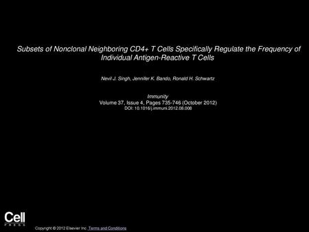 Subsets of Nonclonal Neighboring CD4+ T Cells Specifically Regulate the Frequency of Individual Antigen-Reactive T Cells  Nevil J. Singh, Jennifer K.