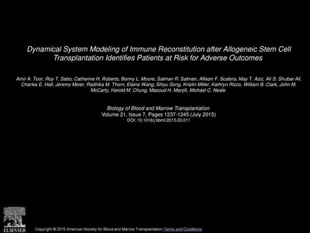 Dynamical System Modeling of Immune Reconstitution after Allogeneic Stem Cell Transplantation Identifies Patients at Risk for Adverse Outcomes  Amir A.