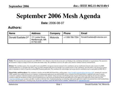 September 2006 Mesh Agenda Authors: September 2006 Date: