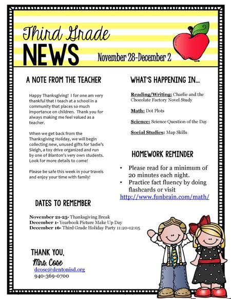 news Third Grade November 28-December 2 Mrs. Cose