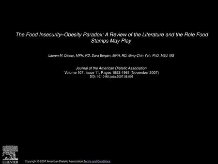 The Food Insecurity–Obesity Paradox: A Review of the Literature and the Role Food Stamps May Play  Lauren M. Dinour, MPH, RD, Dara Bergen, MPH, RD, Ming-Chin.