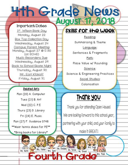 4th Grade News August 17, 2018 Skills for the week Reading: