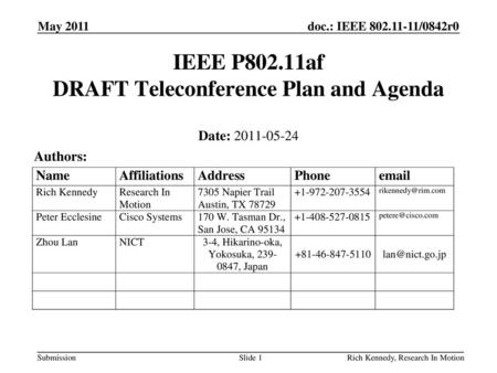 IEEE P802.11af DRAFT Teleconference Plan and Agenda