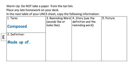 E Composed Made up of. Warm-Up: Do NOT take a paper from the tan bin.