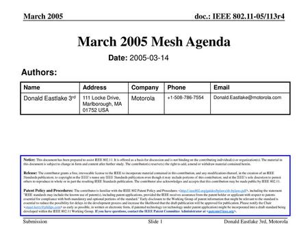 March 2005 Mesh Agenda Authors: March 2005 Date: March 2005