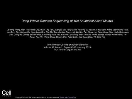 Deep Whole-Genome Sequencing of 100 Southeast Asian Malays