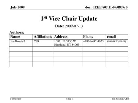 1St Vice Chair Update Date: Authors: July 2009 July 2009