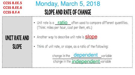 Monday, March 5, 2018 ratio slope dependent independent CCSS 8.EE.5