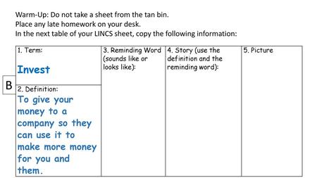 Warm-Up: Do not take a sheet from the tan bin.