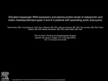 Elevated messenger RNA expression and plasma protein levels of osteopontin and matrix metalloproteinase types 2 and 9 in patients with ascending aortic.