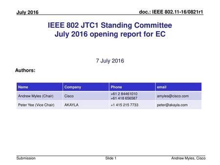 IEEE 802 JTC1 Standing Committee July 2016 opening report for EC