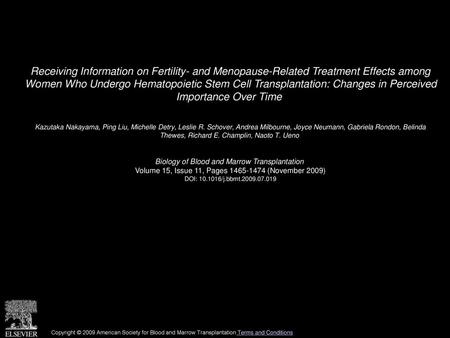 Receiving Information on Fertility- and Menopause-Related Treatment Effects among Women Who Undergo Hematopoietic Stem Cell Transplantation: Changes in.