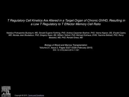 T Regulatory Cell Kinetics Are Altered in a Target Organ of Chronic GVHD, Resulting in a Low T Regulatory to T Effector Memory Cell Ratio  Nataliya Prokopenko.