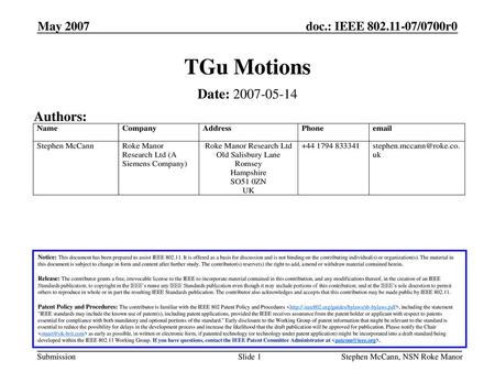 TGu Motions Date: Authors: May 2007 May 2007