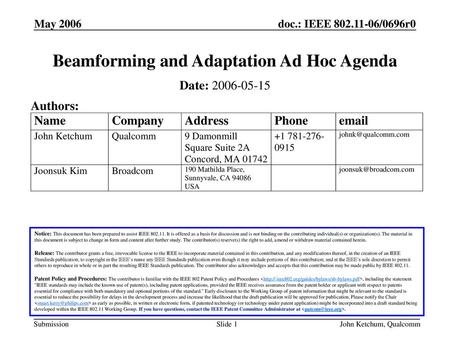 Beamforming and Adaptation Ad Hoc Agenda