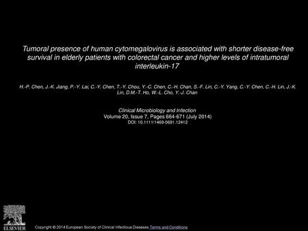 Tumoral presence of human cytomegalovirus is associated with shorter disease-free survival in elderly patients with colorectal cancer and higher levels.