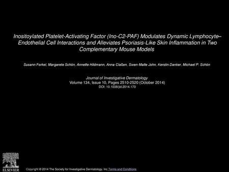 Inositoylated Platelet-Activating Factor (Ino-C2-PAF) Modulates Dynamic Lymphocyte– Endothelial Cell Interactions and Alleviates Psoriasis-Like Skin Inflammation.