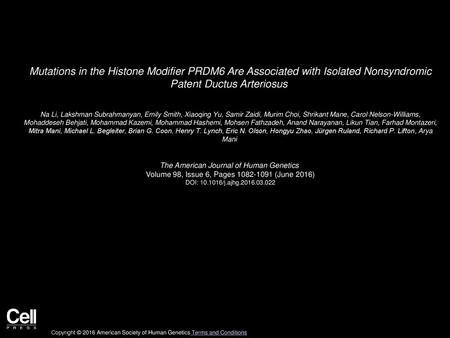 Mutations in the Histone Modifier PRDM6 Are Associated with Isolated Nonsyndromic Patent Ductus Arteriosus  Na Li, Lakshman Subrahmanyan, Emily Smith,