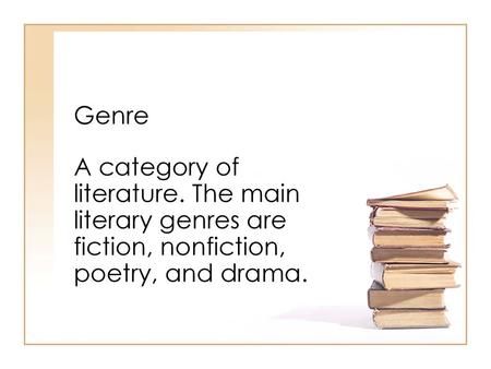 Genre A category of literature. The main literary genres are fiction, nonfiction, poetry, and drama.