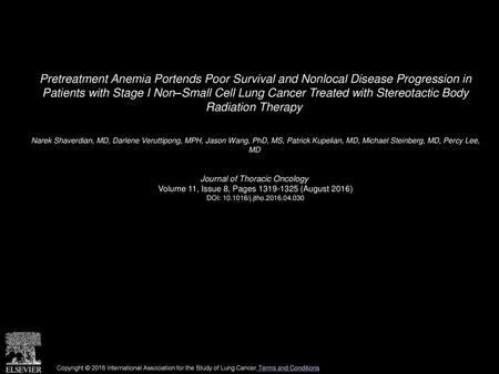 Pretreatment Anemia Portends Poor Survival and Nonlocal Disease Progression in Patients with Stage I Non–Small Cell Lung Cancer Treated with Stereotactic.