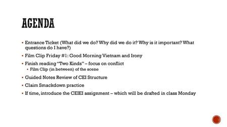 Agenda Entrance Ticket (What did we do? Why did we do it? Why is it important? What questions do I have?) Film Clip Friday #1: Good Morning Vietnam and.