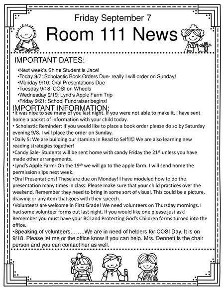 Room 111 News Friday September 7 Important dates: