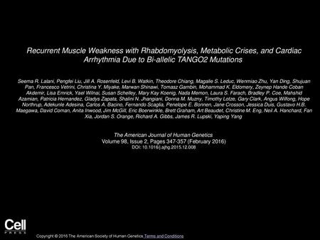 Recurrent Muscle Weakness with Rhabdomyolysis, Metabolic Crises, and Cardiac Arrhythmia Due to Bi-allelic TANGO2 Mutations  Seema R. Lalani, Pengfei Liu,