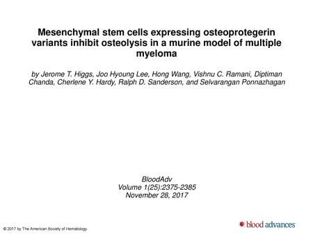 Mesenchymal stem cells expressing osteoprotegerin variants inhibit osteolysis in a murine model of multiple myeloma by Jerome T. Higgs, Joo Hyoung Lee,