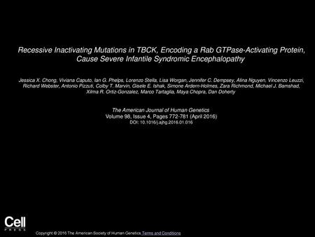 Recessive Inactivating Mutations in TBCK, Encoding a Rab GTPase-Activating Protein, Cause Severe Infantile Syndromic Encephalopathy  Jessica X. Chong,