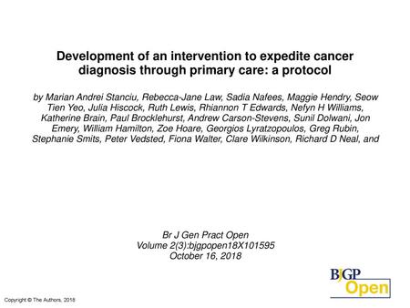 Development of an intervention to expedite cancer diagnosis through primary care: a protocol by Marian Andrei Stanciu, Rebecca-Jane Law, Sadia Nafees,