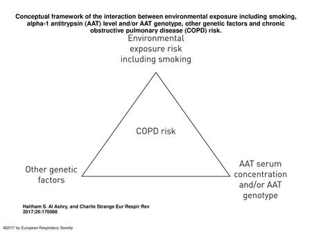 Conceptual framework of the interaction between environmental exposure including smoking, alpha-1 antitrypsin (AAT) level and/or AAT genotype, other genetic.