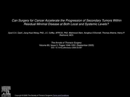 Can Surgery for Cancer Accelerate the Progression of Secondary Tumors Within Residual Minimal Disease at Both Local and Systemic Levels?  Syed S.A. Qadri,