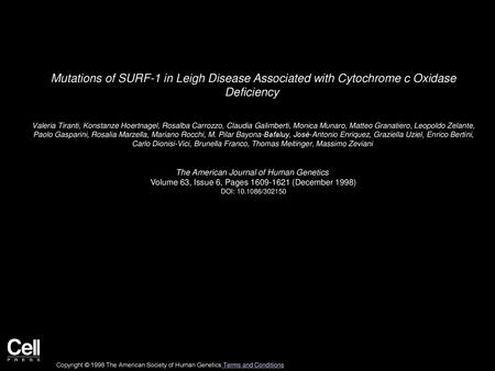 Mutations of SURF-1 in Leigh Disease Associated with Cytochrome c Oxidase Deficiency  Valeria Tiranti, Konstanze Hoertnagel, Rosalba Carrozzo, Claudia.