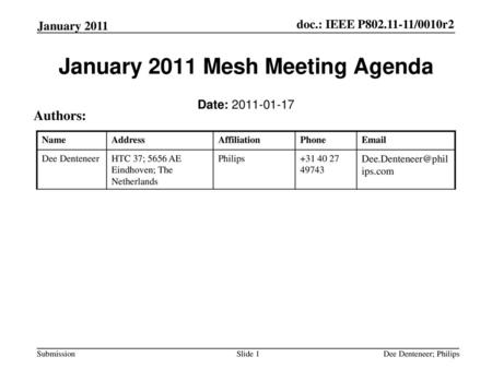 January 2011 Mesh Meeting Agenda