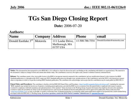 TGs San Diego Closing Report