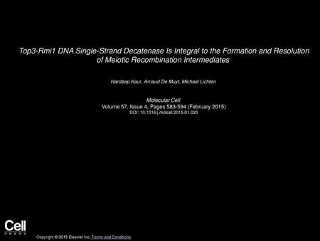 Top3-Rmi1 DNA Single-Strand Decatenase Is Integral to the Formation and Resolution of Meiotic Recombination Intermediates  Hardeep Kaur, Arnaud De Muyt,