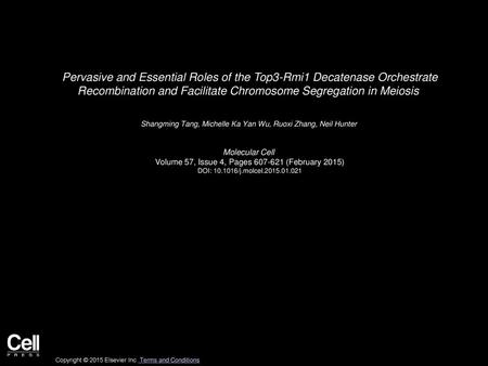 Pervasive and Essential Roles of the Top3-Rmi1 Decatenase Orchestrate Recombination and Facilitate Chromosome Segregation in Meiosis  Shangming Tang,