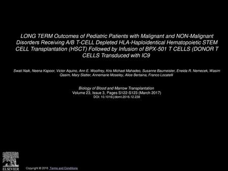 LONG TERM Outcomes of Pediatric Patients with Malignant and NON-Malignant Disorders Receiving Α/Β T-CELL Depleted HLA-Haploidentical Hematopoietic STEM.