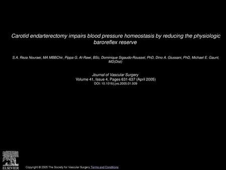 Carotid endarterectomy impairs blood pressure homeostasis by reducing the physiologic baroreflex reserve  S.A. Reza Nouraei, MA MBBChir, Pippa G. Al-Rawi,